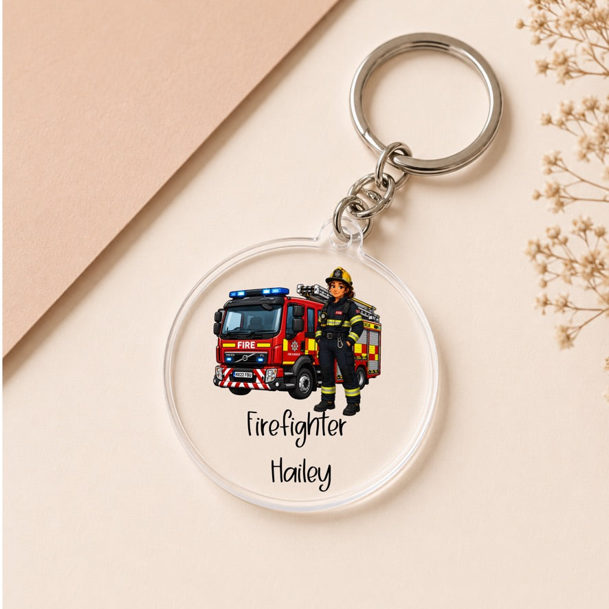 Personalised Women Firefighter Keyring | Custom Fire Engine Acrylic Keychain | Firefighter Gift | Emergency Services Keyring | Personalised Name Gift