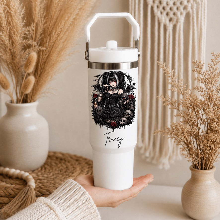 Personalised Gothic Girl 30oz Tumbler | Custom Name Gothic Travel Cup | Dark Gothic Insulated Water Bottle | Alternative Gift for Her