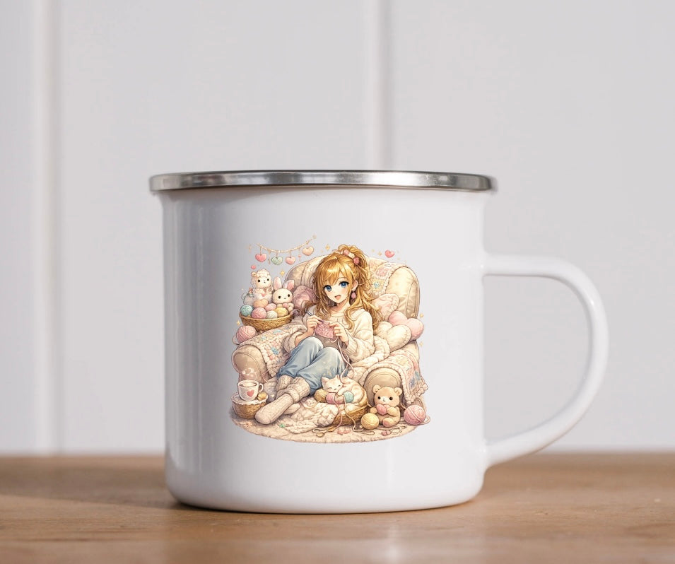 Personalised Knitting Anime Girl Enamel Mug | Custom Name Cozy Camping Cup