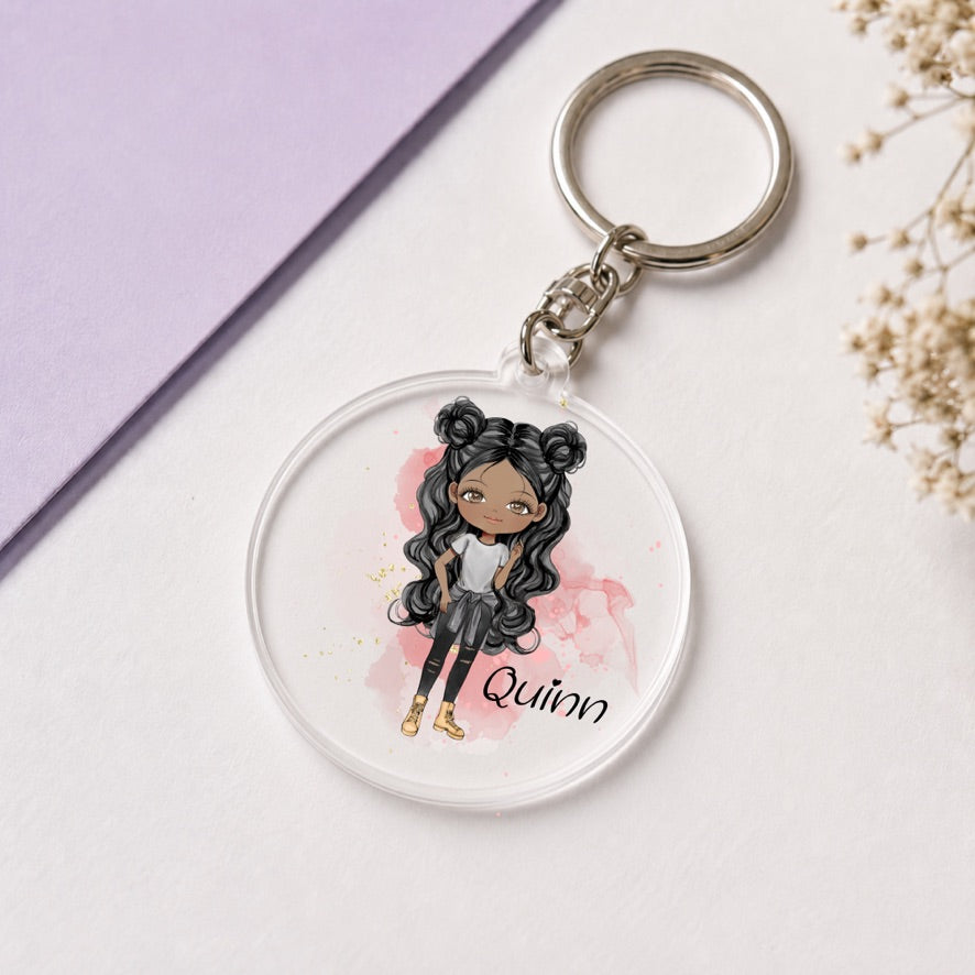Personalised Space Bun Girl Keyring | Custom Name Keyring | Bag Tag Gift