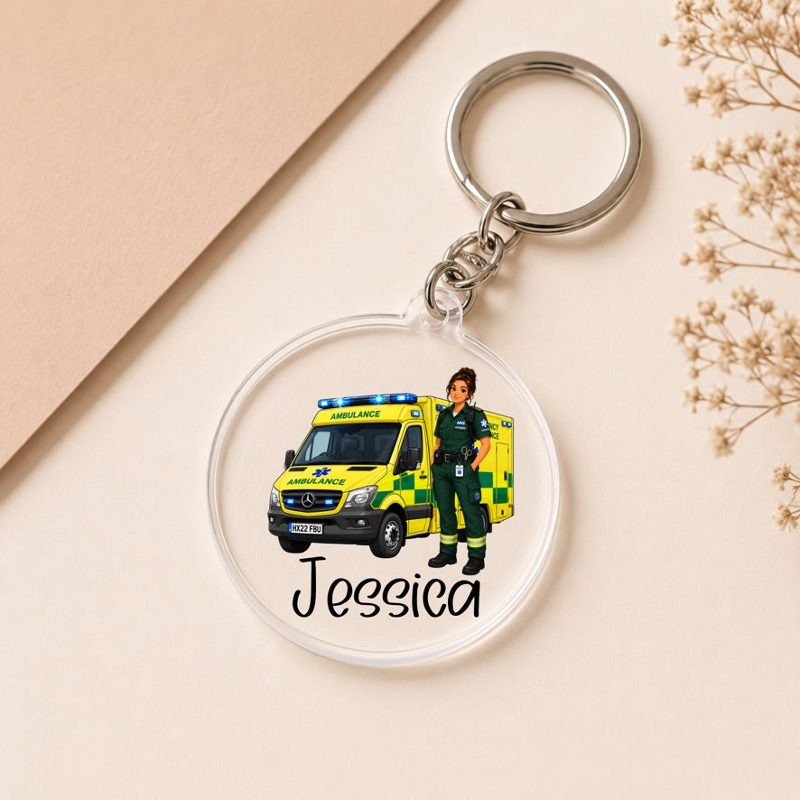 Personalised Women Paramedic Keyring | Custom Ambulance Acrylic Keychain | NHS Paramedic Gift | Emergency Services Keyring | Personalised Name Gift