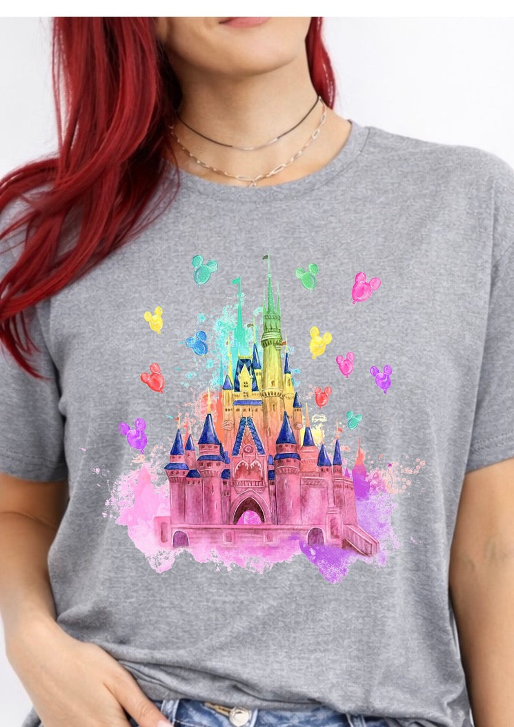 Watercolor Fairytale Castle T-Shirt – Colorful Magic Kingdom Inspired Graphic Tee