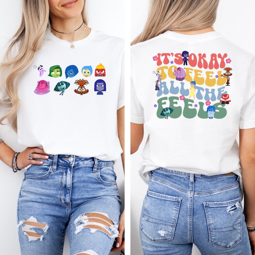 It’s Okay to Feel All the Feels Front & Back Graphic T-Shirt – Colourful Emotions Character Tee