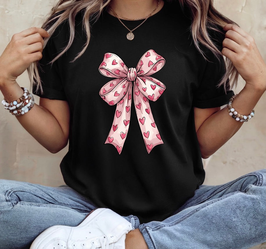 Pink Heart Bow Graphic T-Shirt – Coquette Aesthetic Unisex Tee - Soft Cotton Everyday Shirt