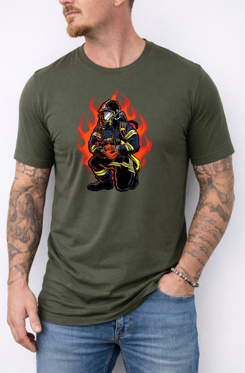 Firefighter Graphic T-Shirt – Kneeling Firefighter in Flames Unisex Tee | Fire Service Pride Shirt