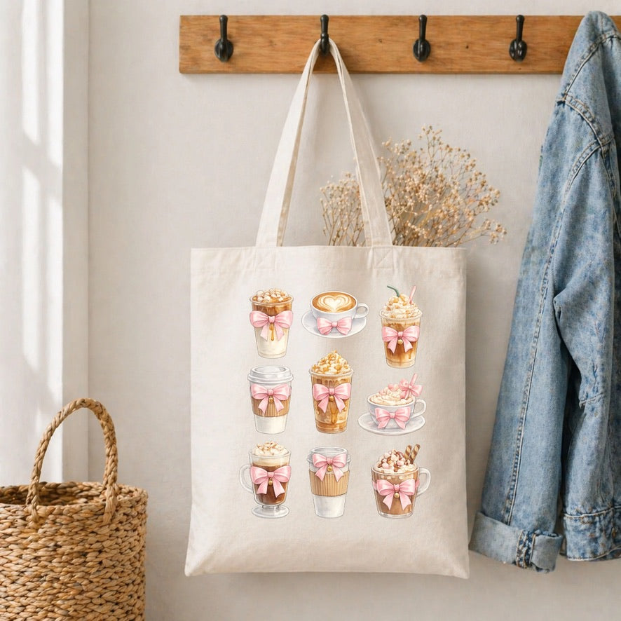 Coffee & Bows Cotton Tote Bag – Reusable Shopping Bag | Eco-Friendly Everyday Canvas Tote | Beach, School & Work Bag