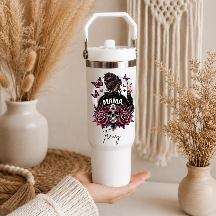 Personalised Gothic Mama 30oz Tumbler | Custom Name Skull Travel Cup | Floral Skull Insulated Water Bottle | Gift for Mum