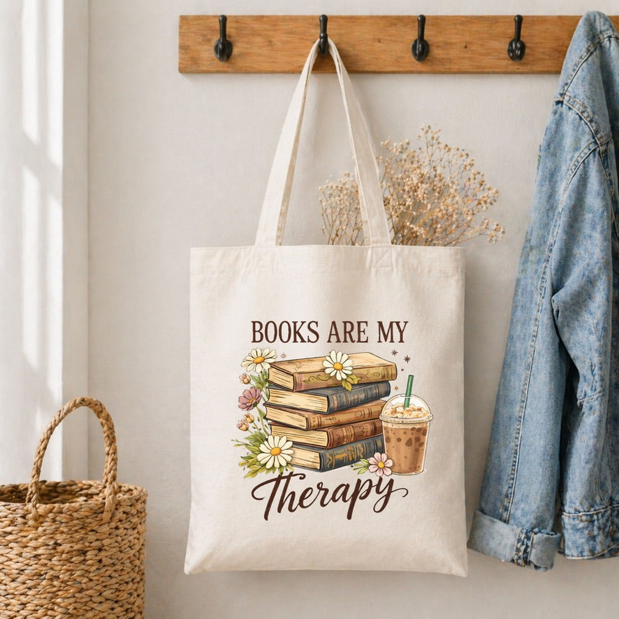 Books Are my Therapy Cotton Tote Bag – Reusable Shopping Bag | Eco-Friendly Everyday Canvas Tote | Beach, School & Work Bag