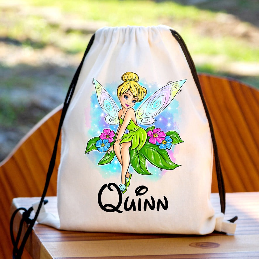 Personalised Tinkerbell Drawstring Gym Bag | Custom Name PE Bag | Kids School Sports Bag | Nursery Drawstring Bag | Swimming Bag | Gift for Boys & Girls