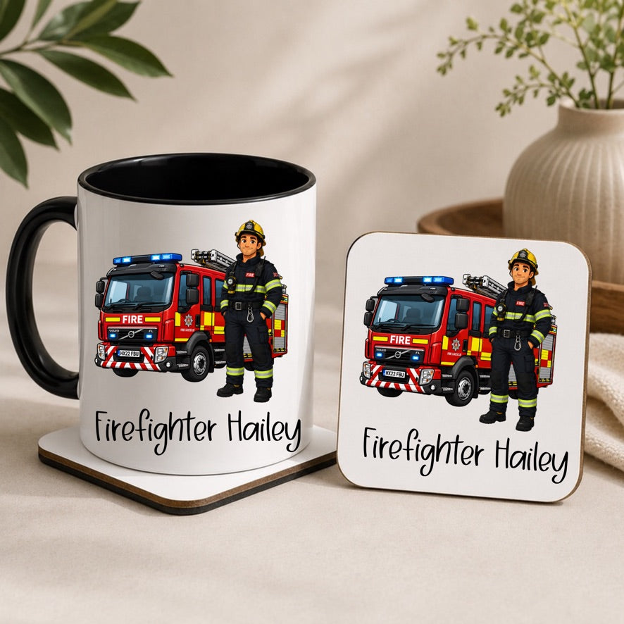Personalised Firefighter Mug & Coaster Gift Set | Firefighter Gift | Fire Engine Mug | Custom Fire Service Appreciation Gift