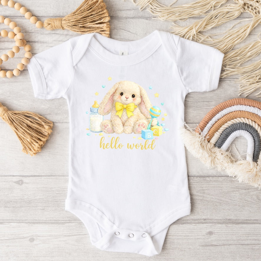 Yellow Hello World Bunny Baby Bodysuit – Cute Newborn Announcement Outfit, Soft Neutral Baby Onesie