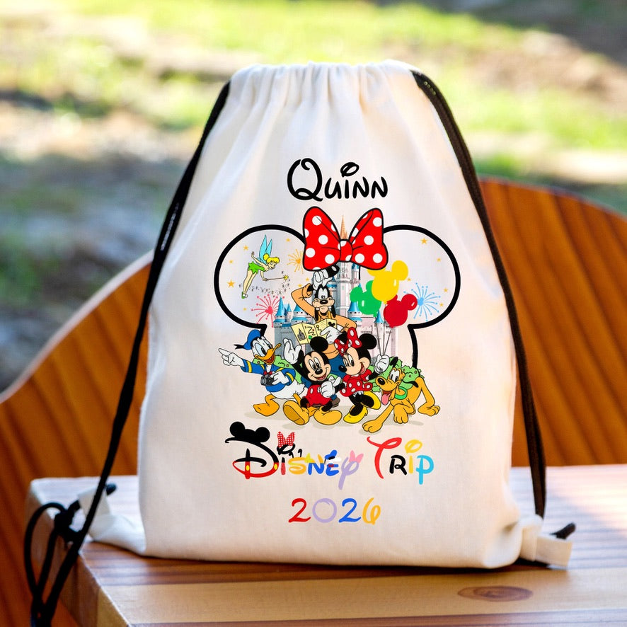 Personalised Minnie Disney Trip 2026 Drawstring Gym Bag | Custom Name PE Bag | Kids School Sports Bag | Nursery Drawstring Bag | Swimming Bag | Gift for Boys & Girls