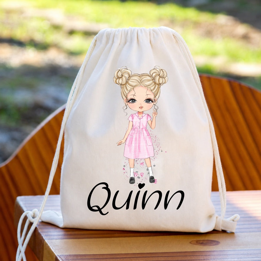 Personalised School Girl Dress Drawstring PE Bag | Custom Name Gym Bag | School PE Kit Bag | Nursery Drawstring Bag | Swim Bag | Back to School Gift