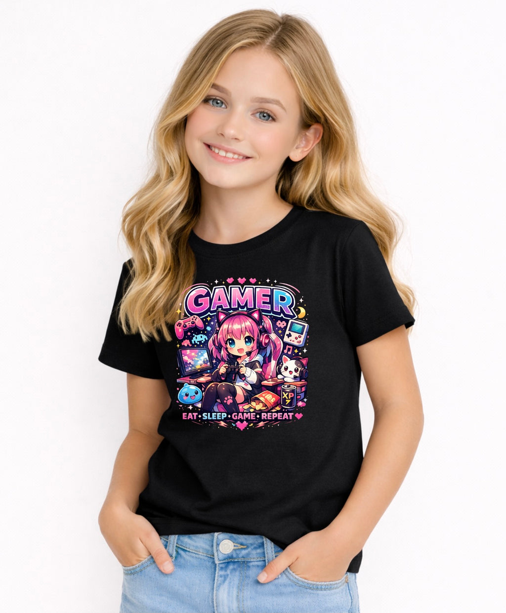 Pink Kids Gamer T-Shirt 🎮 - Cute Gaming Graphic Tee for Boys & Girls - Eat Sleep Game Repeat Youth Shirt