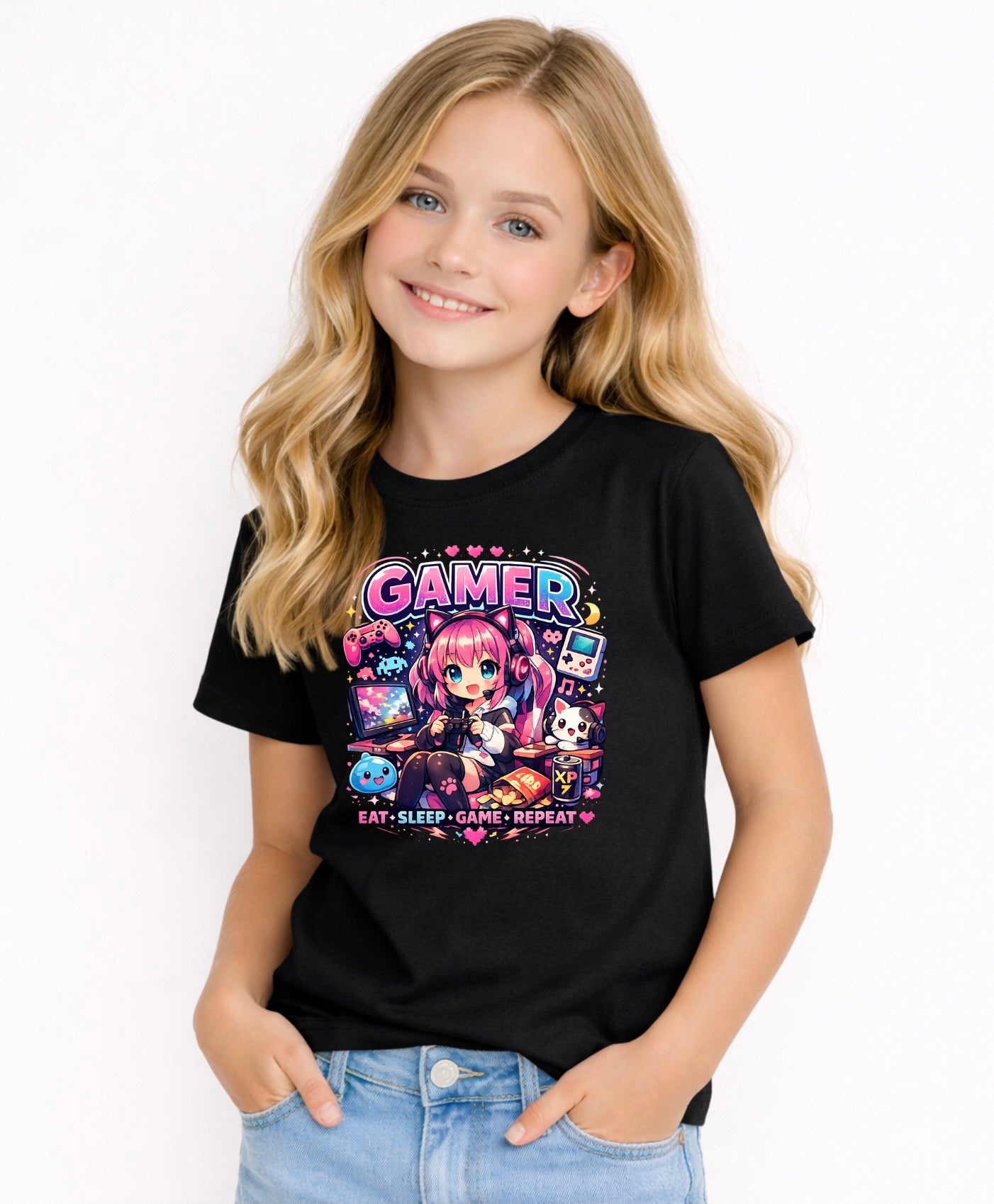 Pink Kids Gamer T-Shirt 🎮 - Cute Gaming Graphic Tee for Boys & Girls - Eat Sleep Game Repeat Youth Shirt
