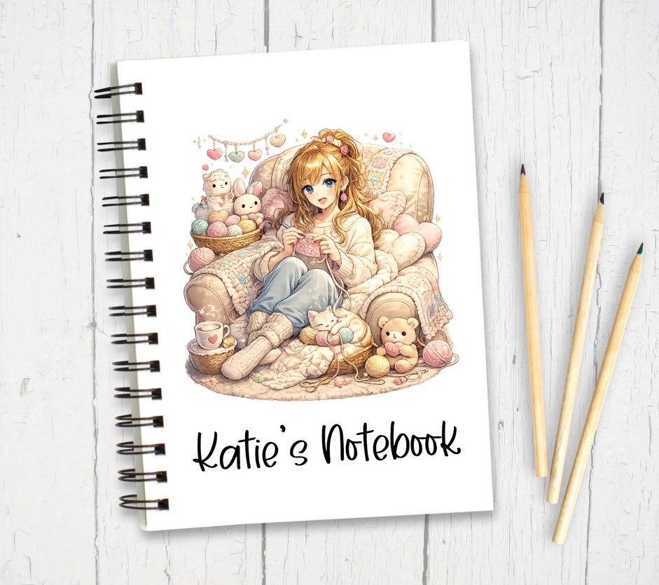 Personalised Cozy Knitting Anime Notebook | Custom Name Cute Illustration Journal – 80 Lined Pages