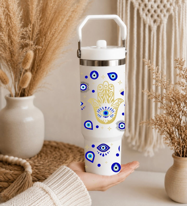 30oz Evil Eye Tumbler | Hamsa Hand Insulated Travel Cup | Spiritual Stainless Steel Tumbler with Handle & Straw | Boho Water Bottle | Gift for Her