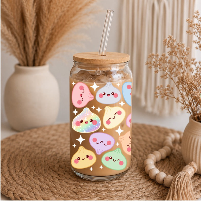 Cute Dumpling Libbey Glass | 16oz Kawaii Dumpling Iced Coffee Glass | Pastel Foodie Glass Can | Bamboo Lid & Glass Straw