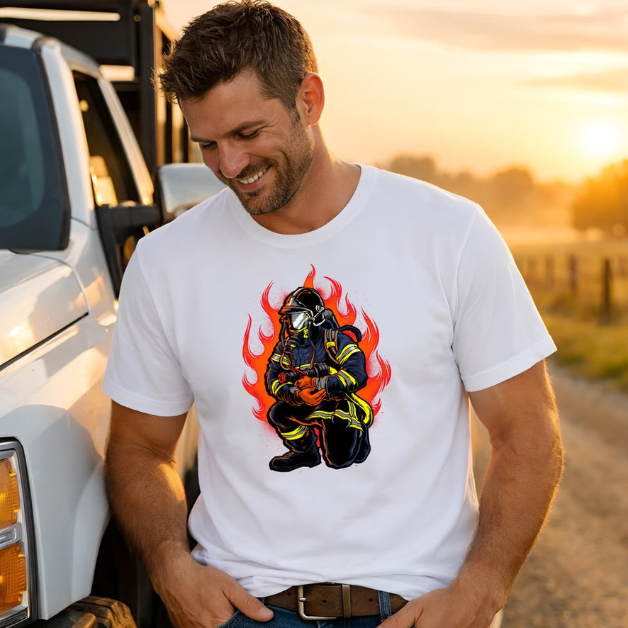 Firefighter Graphic T-Shirt – Kneeling Firefighter in Flames Unisex Tee | Fire Service Pride Shirt