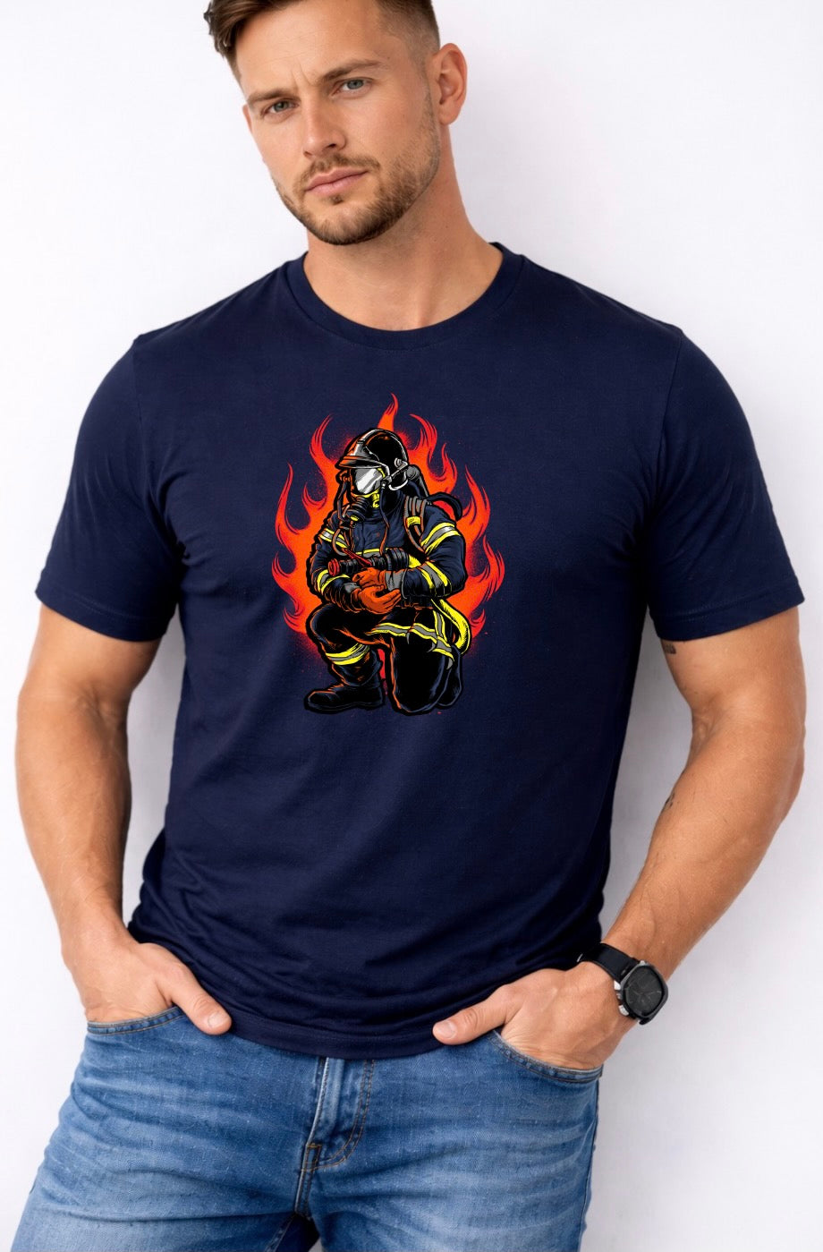 Firefighter Graphic T-Shirt – Kneeling Firefighter in Flames Unisex Tee | Fire Service Pride Shirt