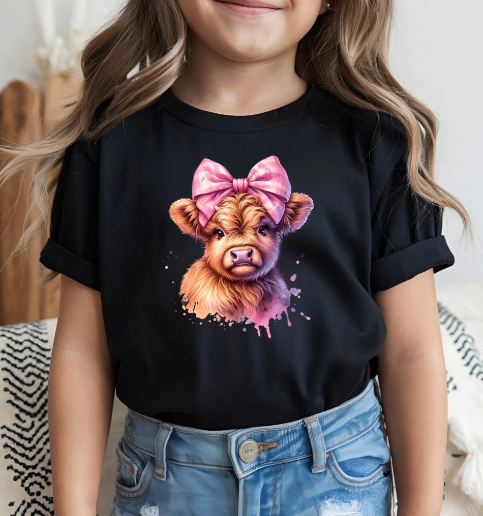 Pink Bow Highland Cow Kids Unisex Graphic T-Shirt | Comfortable Everyday Tee | Soft Cotton Top