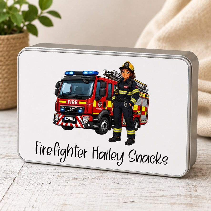 Personalised Female Firefighter Snack Tin | Custom Firefighter Treat Tin | Firefighter Gift | Personalised Biscuit Tin | Firefighter Storage Tin | Fire Service Gift