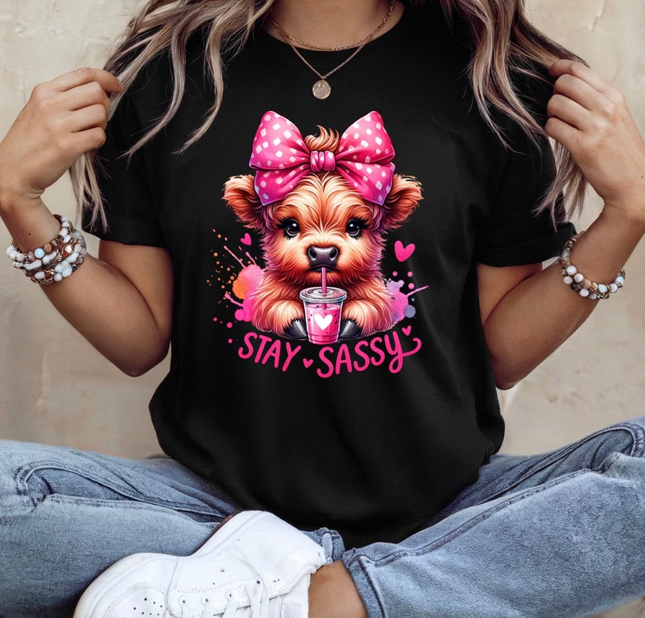 Stay Sassy Highland Cow Graphic T-Shirt – Cute Cow with Bow Unisex Tee - Soft Cotton Everyday Shirt