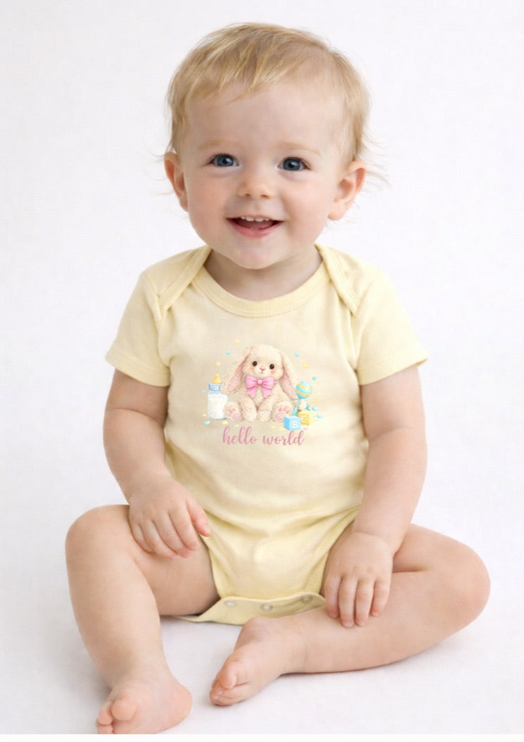Pink Hello World Bunny Baby Bodysuit – Cute Newborn Announcement Outfit, Soft Neutral Baby Onesie