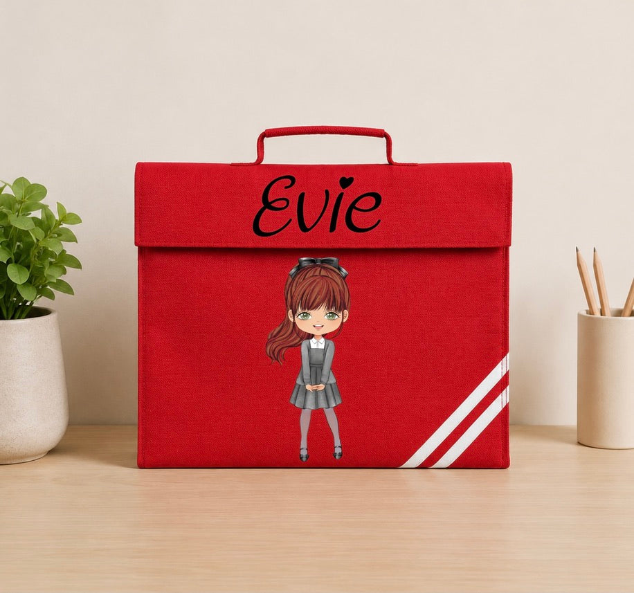 Personalised School Girl With Fringe Book Bag – Custom Chibi Design 🎒✨