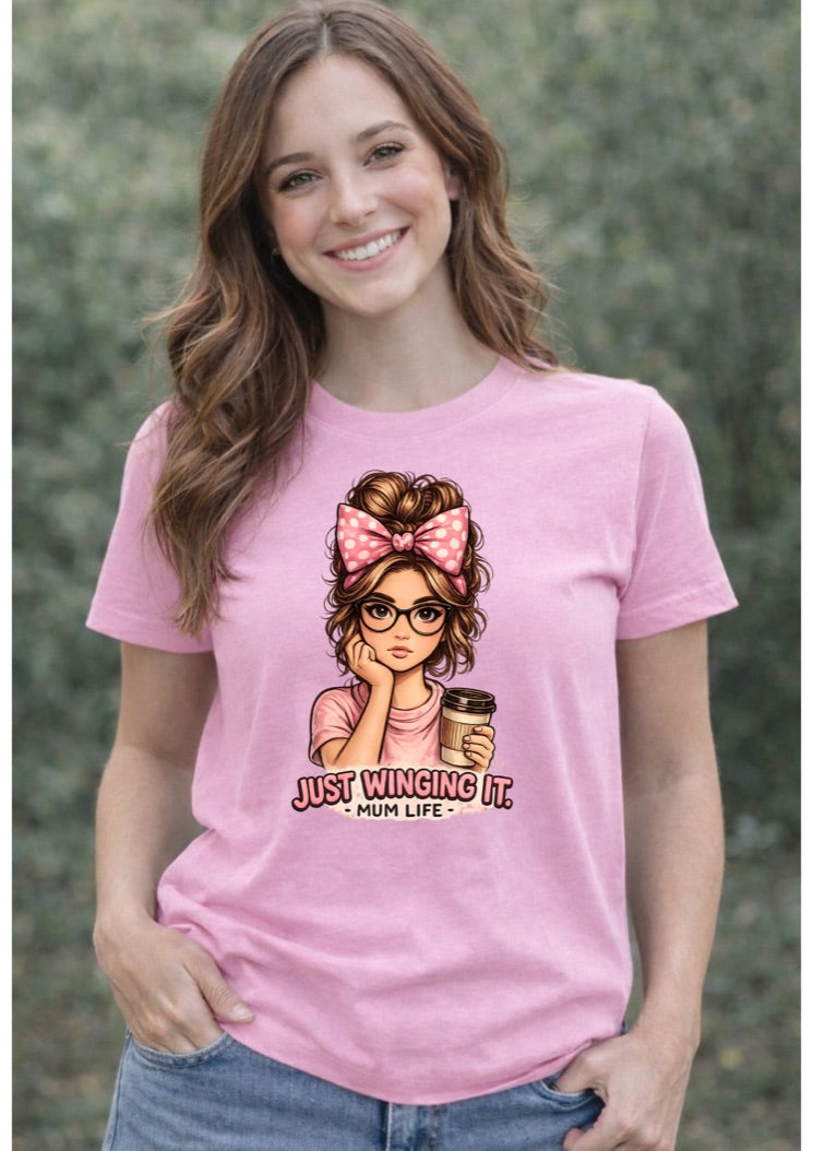 Just Winging It Mum Life T-Shirt – Funny Mom Graphic Tee – Cute Coffee Lover Shirt for Moms – Motherhood Gift