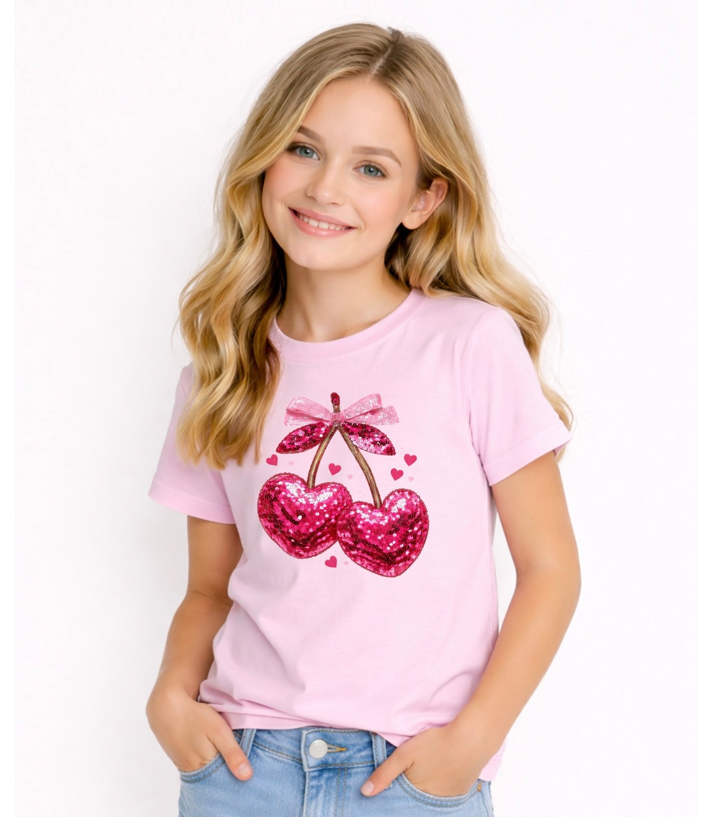Cute Cherry Hearts Kids Graphic T-Shirt – Pink Sparkle Love Design for Girl