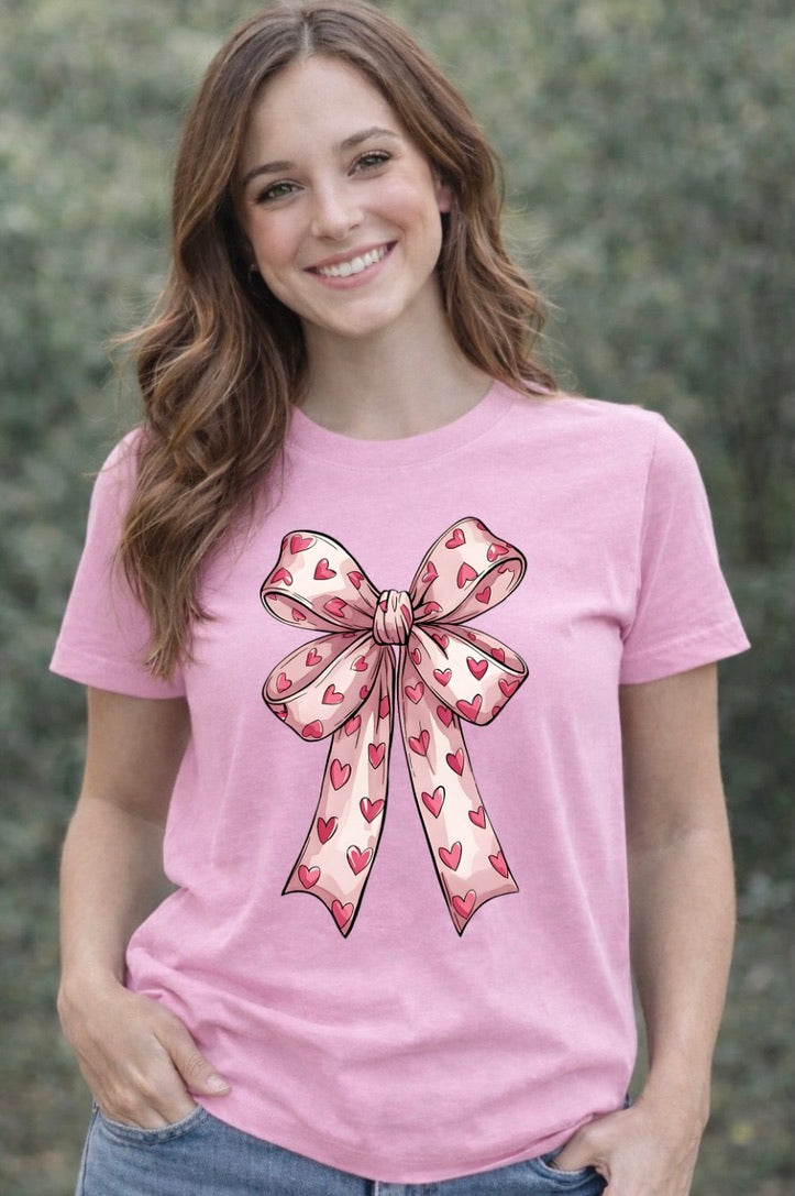 Pink Heart Bow Graphic T-Shirt – Coquette Aesthetic Unisex Tee - Soft Cotton Everyday Shirt
