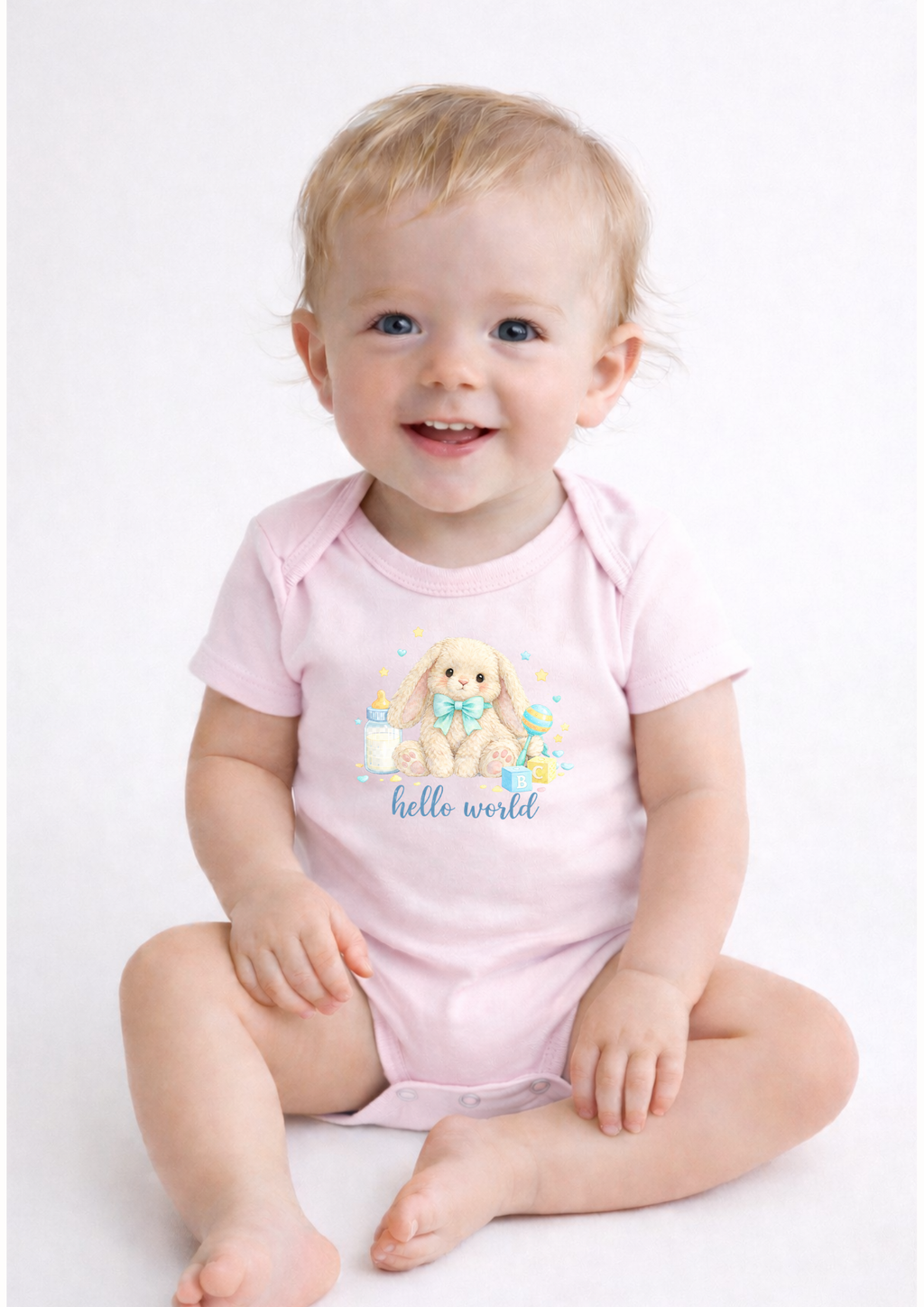 Blue Hello World Bunny Baby Bodysuit – Cute Newborn Announcement Outfit, Soft Neutral Baby Onesie