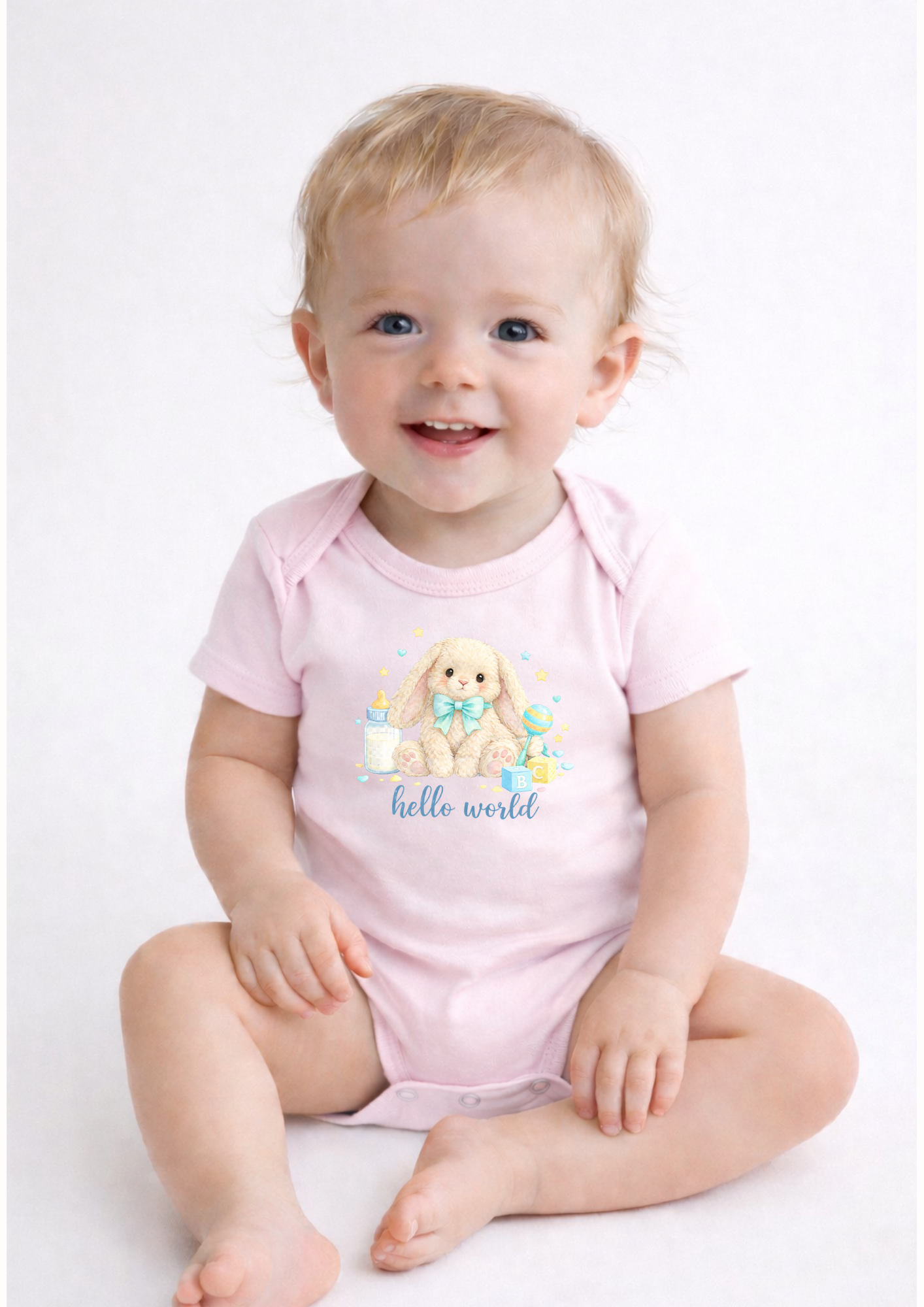 Blue Hello World Bunny Baby Bodysuit – Cute Newborn Announcement Outfit, Soft Neutral Baby Onesie
