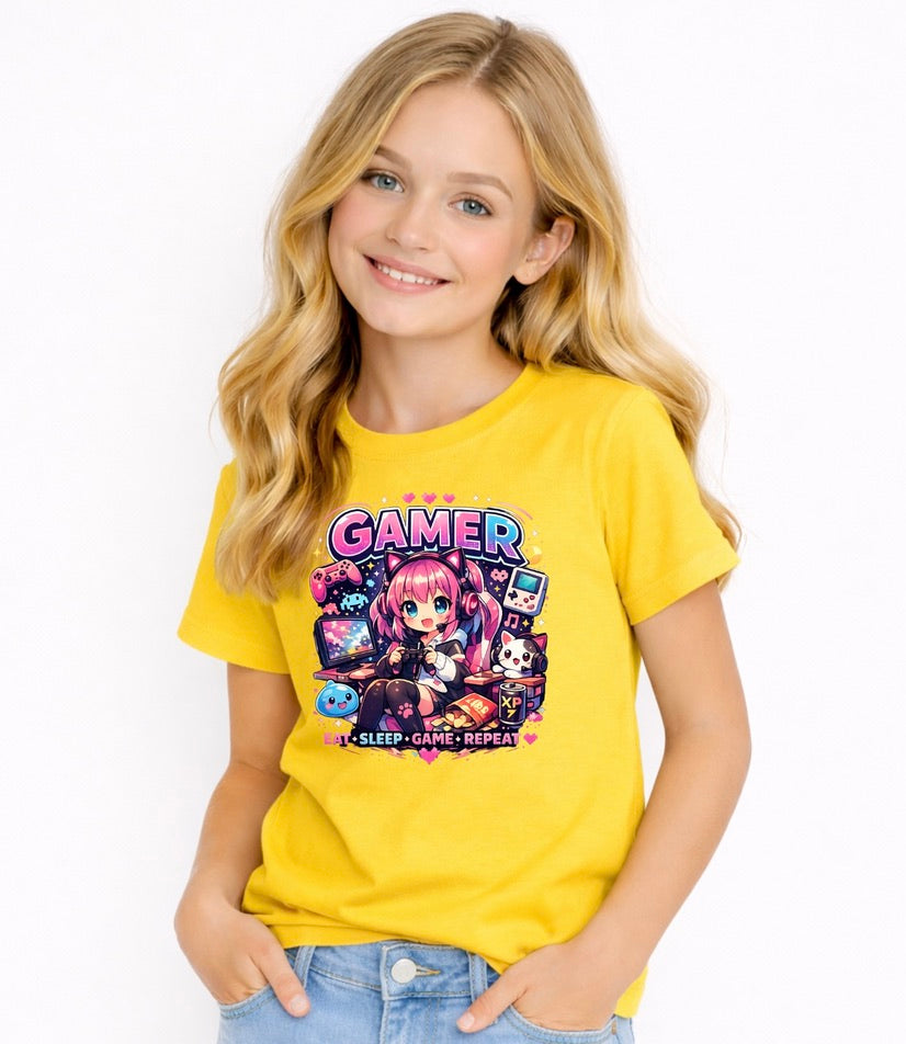 Pink Kids Gamer T-Shirt 🎮 - Cute Gaming Graphic Tee for Boys & Girls - Eat Sleep Game Repeat Youth Shirt