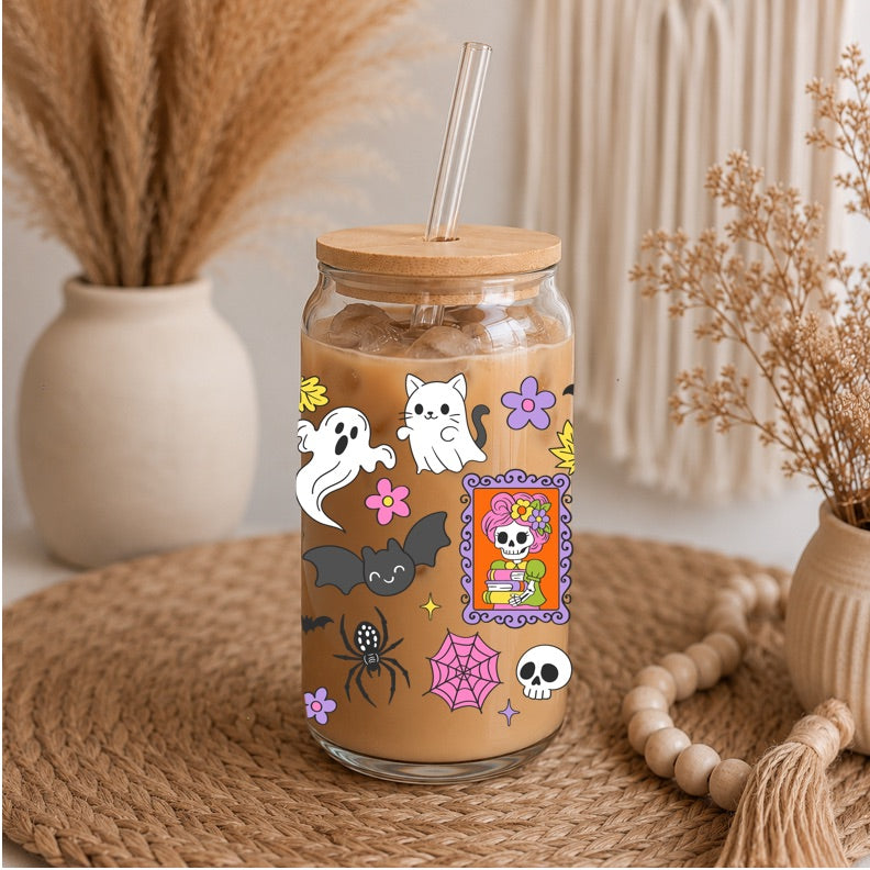 Cute Spooky Bookish Libbey Glass | 16oz Halloween Iced Coffee Glass | Ghost Cat Skull Glass Can | Gothic Cute Cup | Bamboo Lid & Glass Straw
