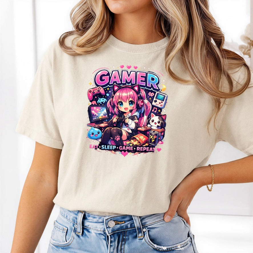 Pink Kawaii Gamer Girl T-Shirt – Anime Graphic Gaming Tee | Cute Streetwear Shirt