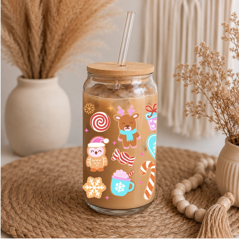 Cute Christmas Libbey Glass | 16oz Iced Coffee Glass | Christmas Glass Can | Holiday Coffee Cup | Bamboo Lid & Glass Straw