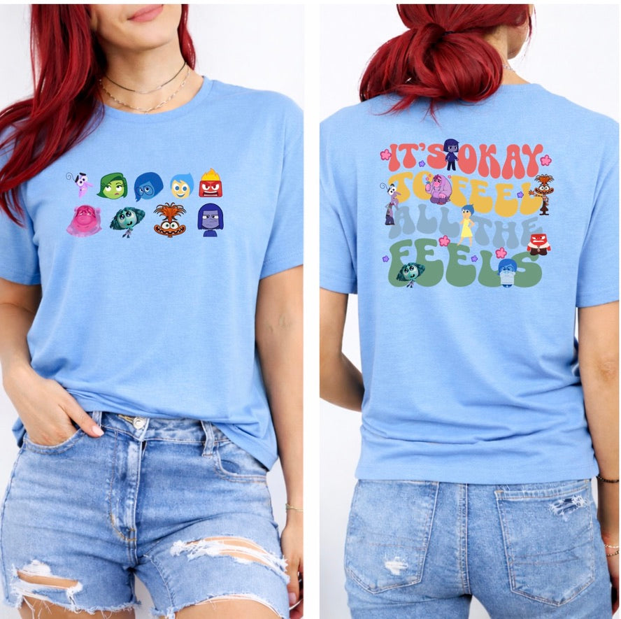 It’s Okay to Feel All the Feels Front & Back Graphic T-Shirt – Colourful Emotions Character Tee