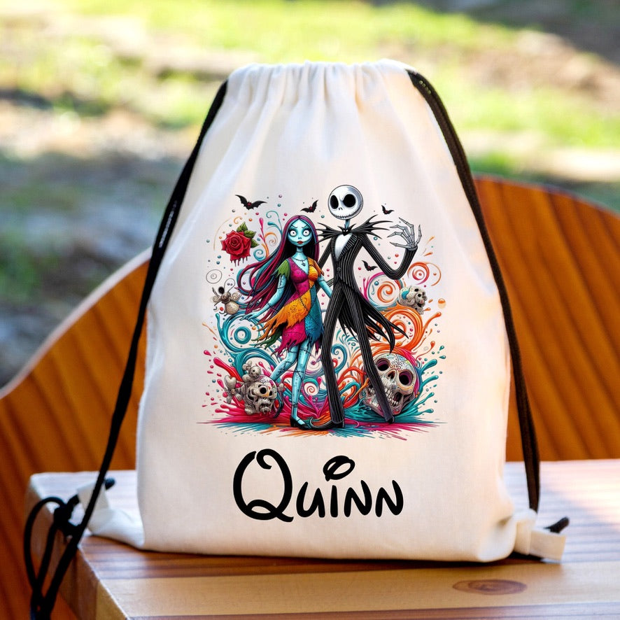 Personalised Nightmare Before Christmas Drawstring Gym Bag | Custom Name PE Bag | Kids School Sports Bag | Nursery Drawstring Bag | Swimming Bag | Gift for Boys & Girls