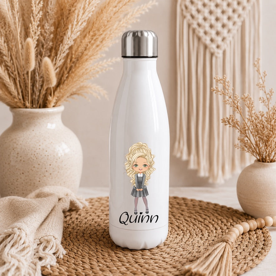 Personalised Fringe School Girl Water Bottle | Custom Name Drinks Bottle | School Water Bottle | Reusable Bottle | Kids Water Bottle | Back to School Gift