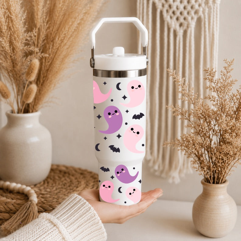 30oz Cute Ghost Halloween Tumbler | Pink & Purple Ghost Insulated Travel Cup | Kawaii Stainless Steel Tumbler with Handle & Straw | Spooky Water Bottle