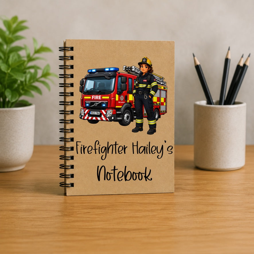 Personalised Female Firefighter Notebook | Custom Firefighter Journal | Fire Engine Spiral Notebook | Gift for Firefighters | Personalised A5 Notebook