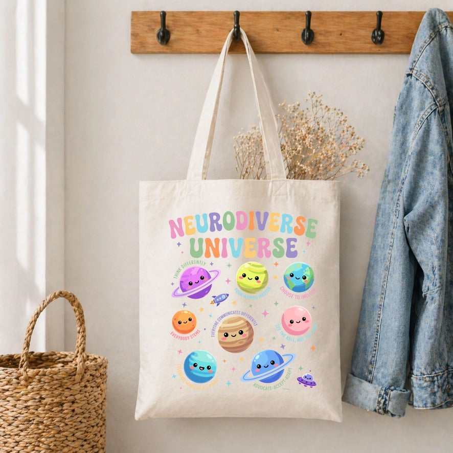 Neurodiverse Universe Cotton Tote Bag – Reusable Shopping Bag | Eco-Friendly Everyday Canvas Tote | Beach, School & Work Bag