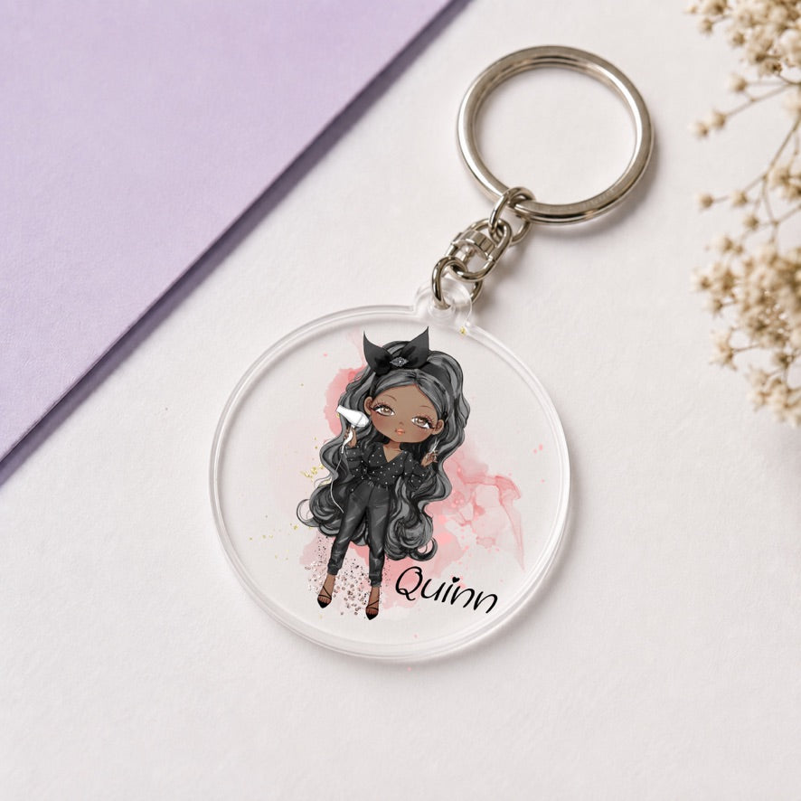 Personalised Hairdresser Girl Keyring | Custom Name Keyring | Bag Tag Gift