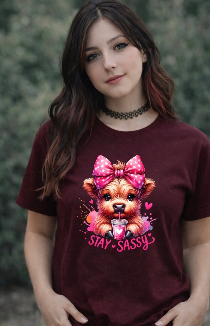 Stay Sassy Highland Cow Graphic T-Shirt – Cute Cow with Bow Unisex Tee - Soft Cotton Everyday Shirt