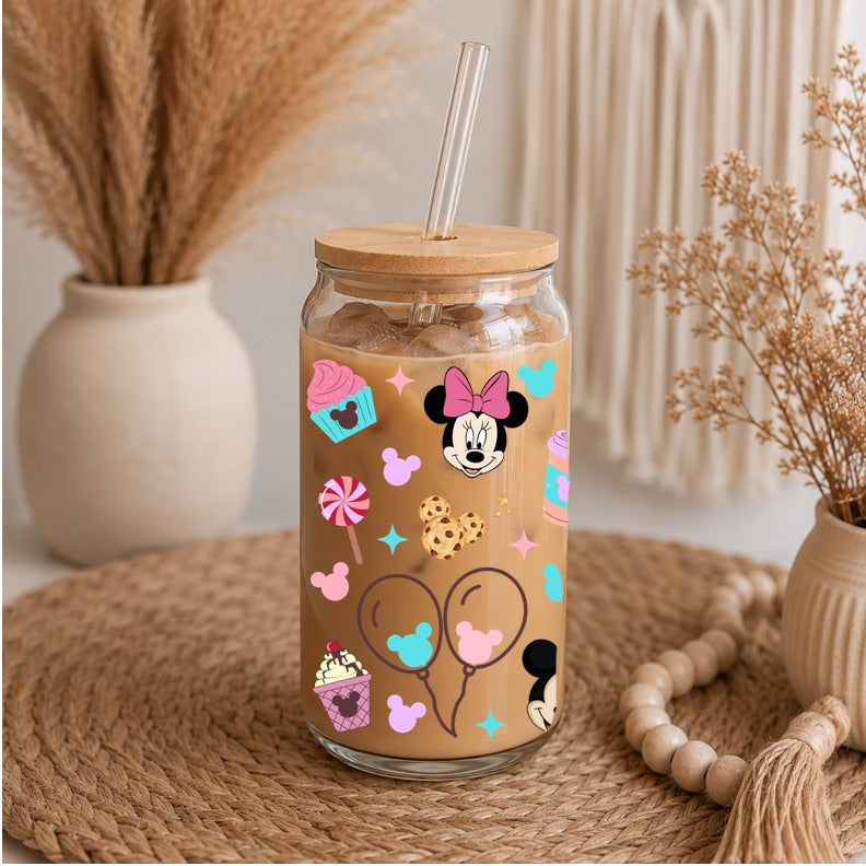 Minnie Inspired Libbey Glass | 16oz Theme Park Iced Coffee Glass | Cute Mouse Inspired Glass Can | Bamboo Lid & Glass Straw