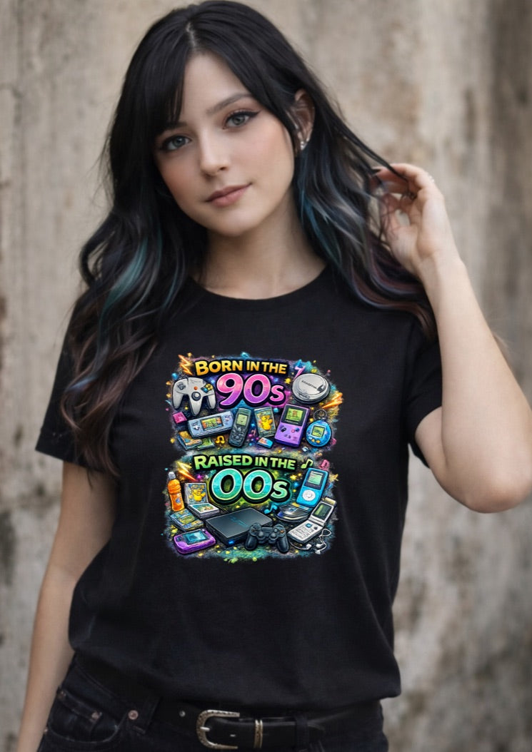 Born in the 90s Raised in the 00s T-Shirt – Retro Gaming Nostalgia Unisex Tee | Millennial Graphic Shirt