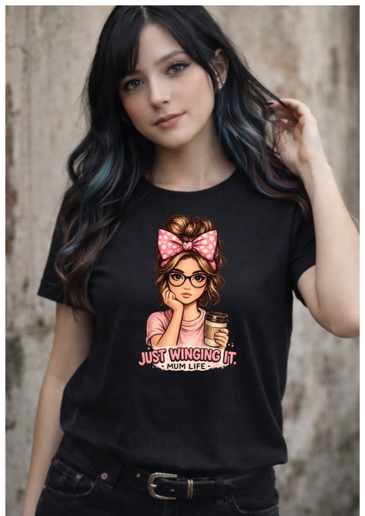 Just Winging It Mum Life T-Shirt – Funny Mom Graphic Tee – Cute Coffee Lover Shirt for Moms – Motherhood Gift