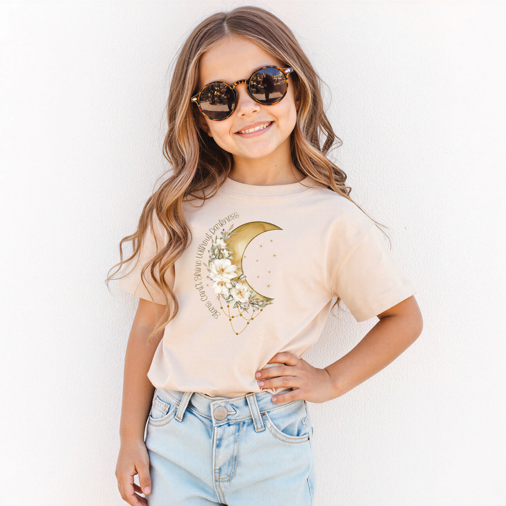 Kids Stars Can't Shine Without Darkness T-Shirt | Inspirational Floral Moon Tee | Boho Celestial Graphic Shirt | Positive Quote Kids Top